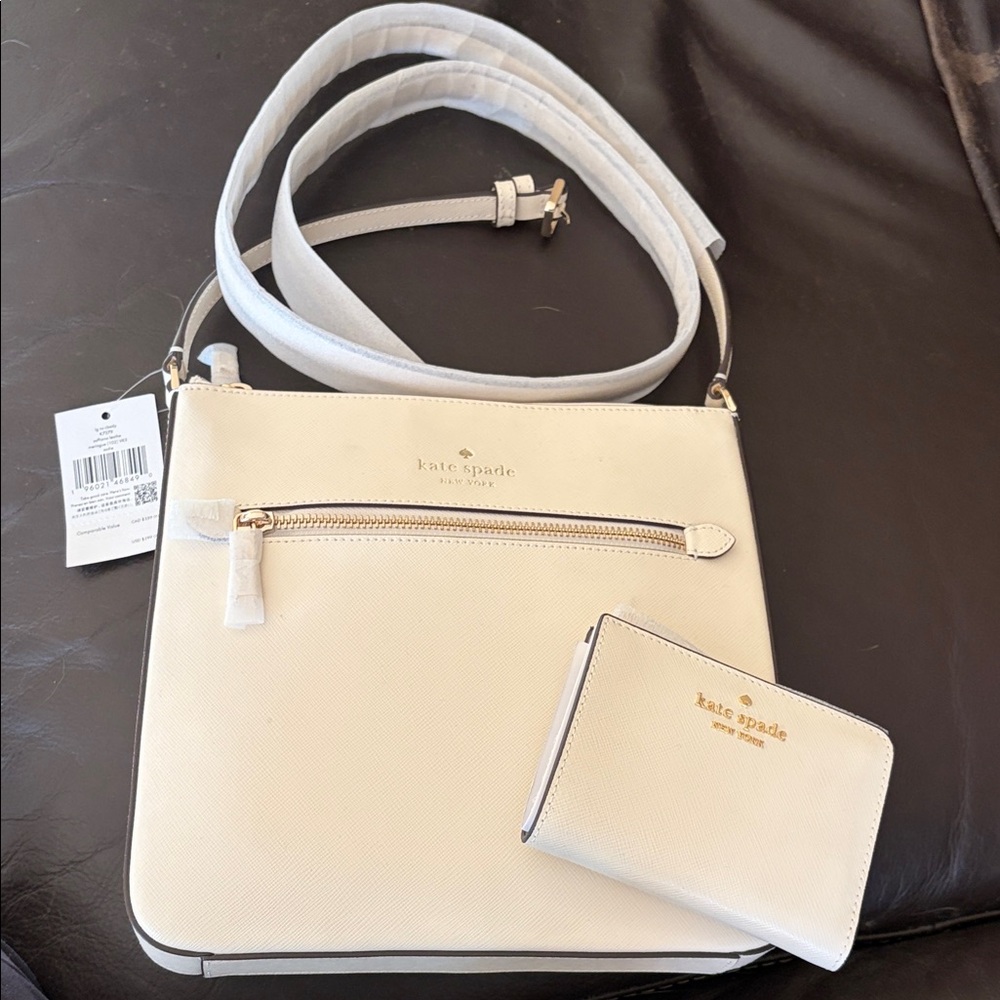 Kate Spade Saffiano Leather Large Ivory (Meringue) Crossbody Bag and Wallet